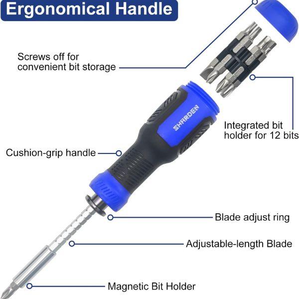 Multibit Screwdriver 13-in-1 Screw Driver Set Adjustable Extension Screwdriver Multitool All in One with Torx Security, Flat Head, Phillips, Hex, Square and 1/4 Nut Driver image 3