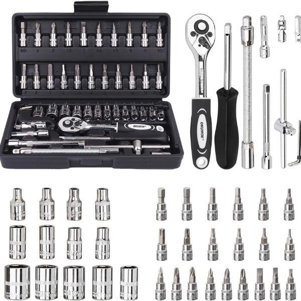 Socket Set, 46PCS 1/4 Inch Wrench Set, Ratchet Wrenches Set with CR-V Sockets Metric & Extension Bar for Automotive Repair & Home Use, Ratchet Set with Hard Storage Case