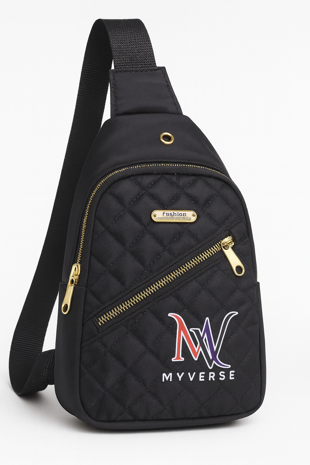 MYVERSE Trendy Crossbody Bag for Men & Women Compact Durable Hands-Free Design with Quilted Pattern and Gold Zipper Water-Resistant Nylon Material