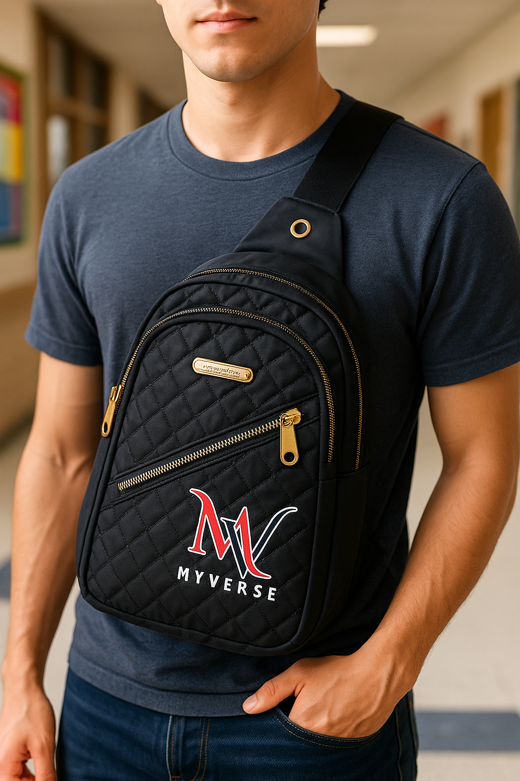 MYVERSE Trendy Crossbody Bag for Men & Women Compact Durable Hands-Free Design with Quilted Pattern and Gold Zipper Water-Resistant Nylon Material