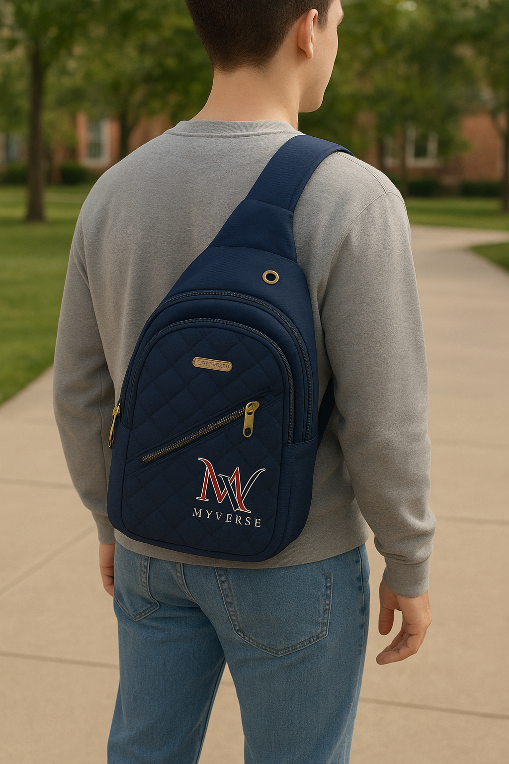 MYVERSE Trendy Crossbody Bag for Men & Women Compact Durable Hands-Free Design with Quilted Pattern and Gold Zipper Water-Resistant Nylon Material