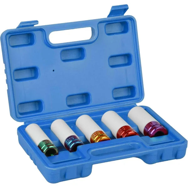 5-Pieces Impact Socket Set-CRV Material- 1/2 Inch Drive, Non-Marring Protective Lug Nut Sockets, Sizes 15,17,19,21,22mm