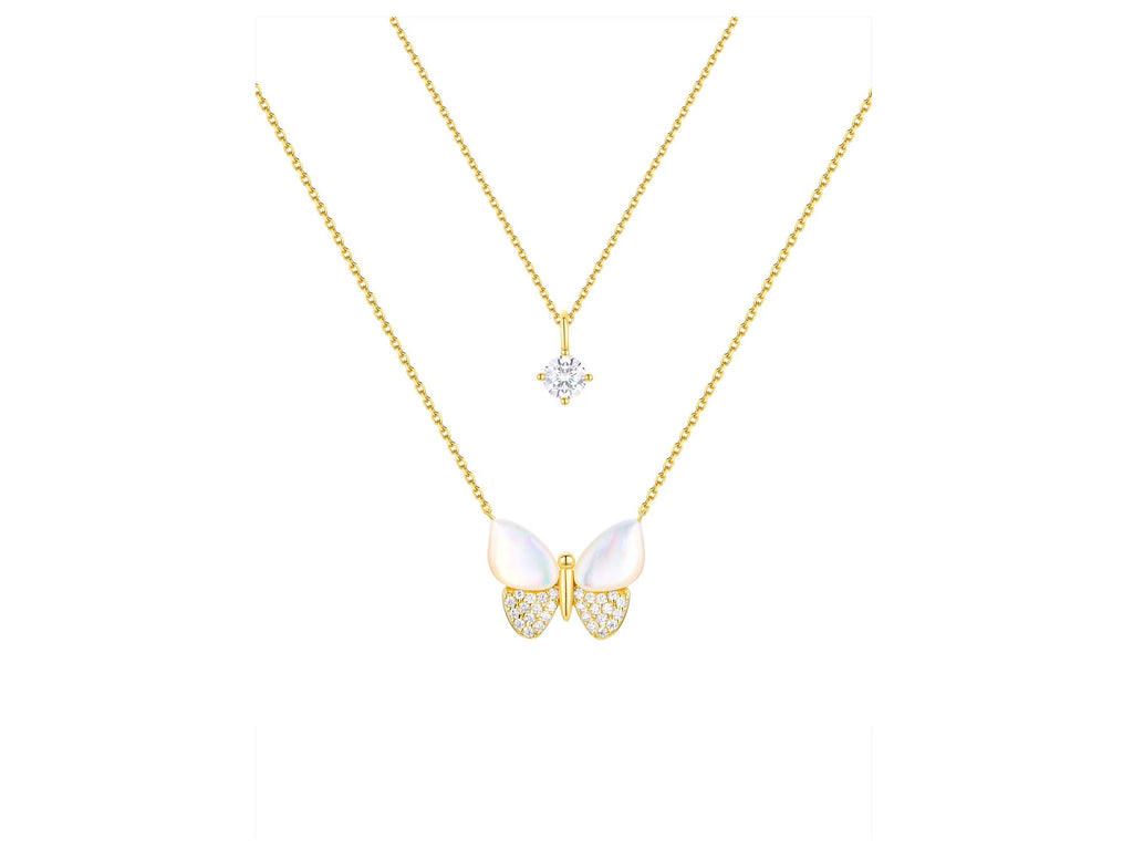 Mother of Pearl & Cubic Zirconia Butterfly Necklaces in 14KT Gold Flash Plated.