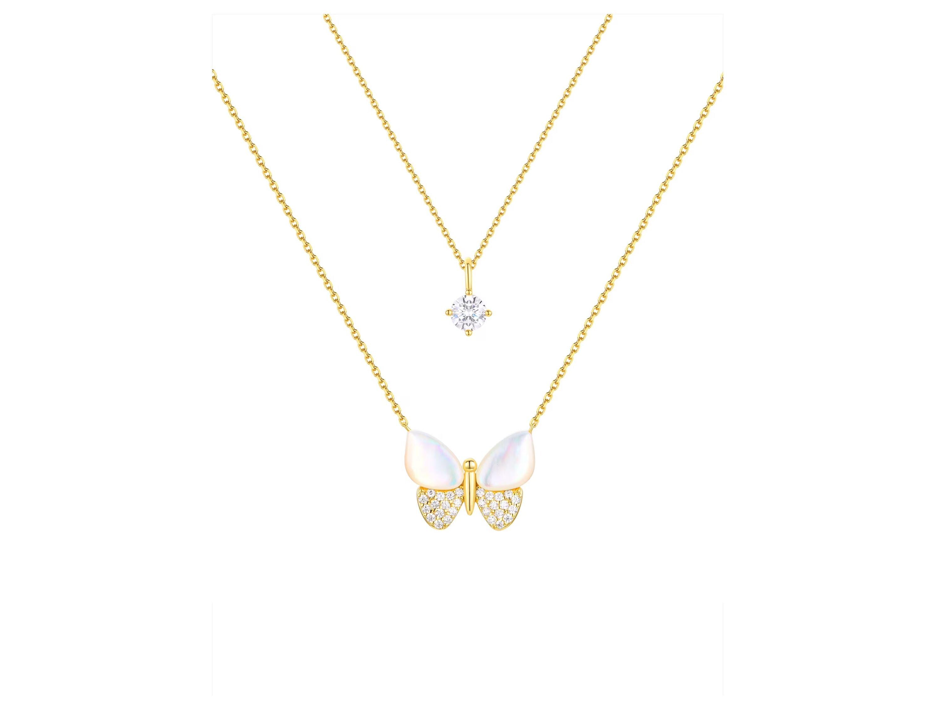 Mother of Pearl & Cubic Zirconia Butterfly Necklaces in 14KT Gold Flash Plated.