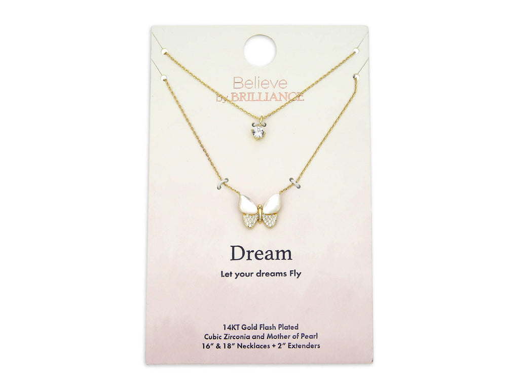 Mother of Pearl & Cubic Zirconia Butterfly Necklaces in 14KT Gold Flash Plated.