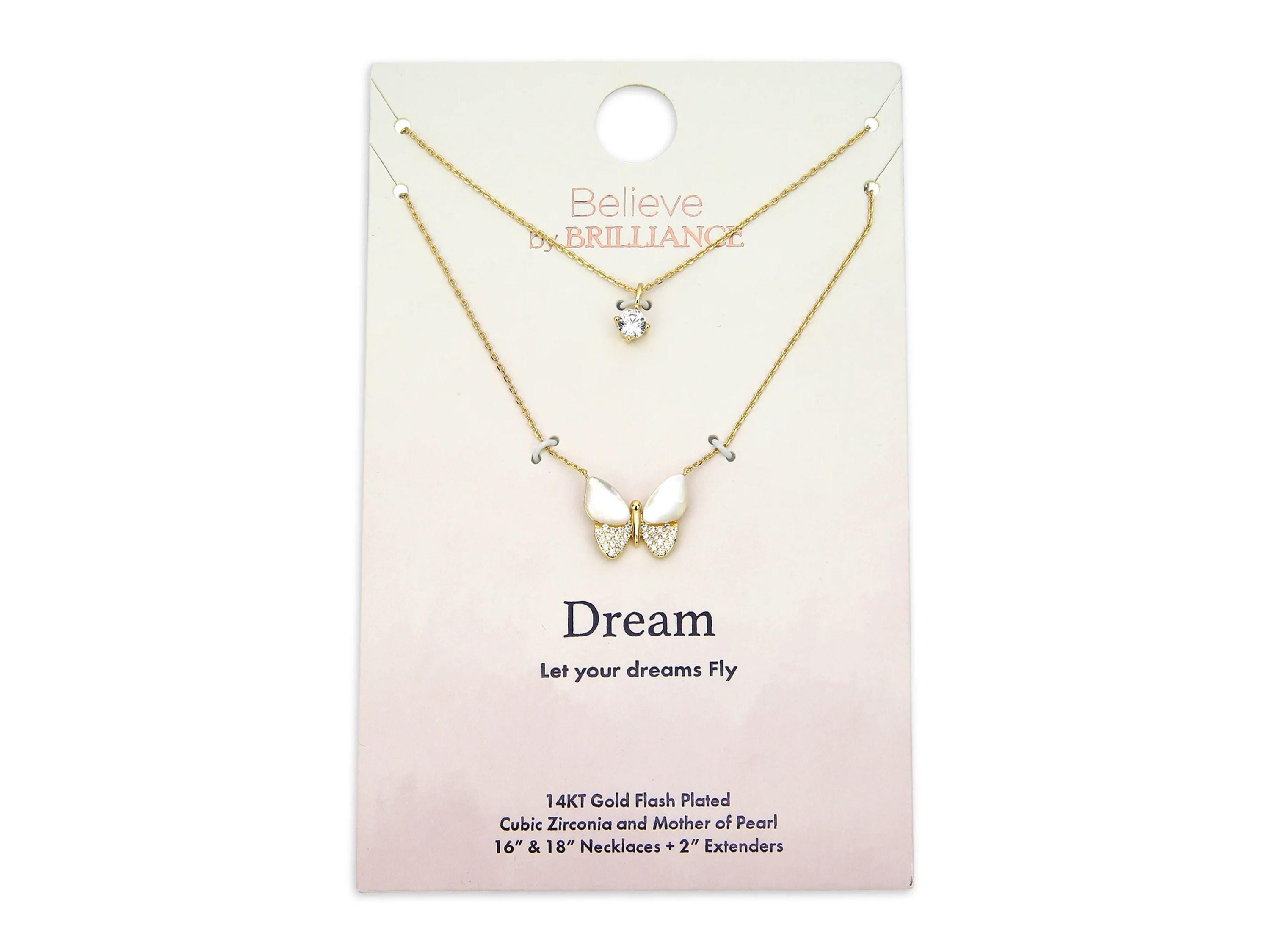 Mother of Pearl & Cubic Zirconia Butterfly Necklaces in 14KT Gold Flash Plated.