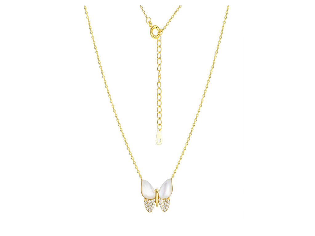 Mother of Pearl & Cubic Zirconia Butterfly Necklaces in 14KT Gold Flash Plated.