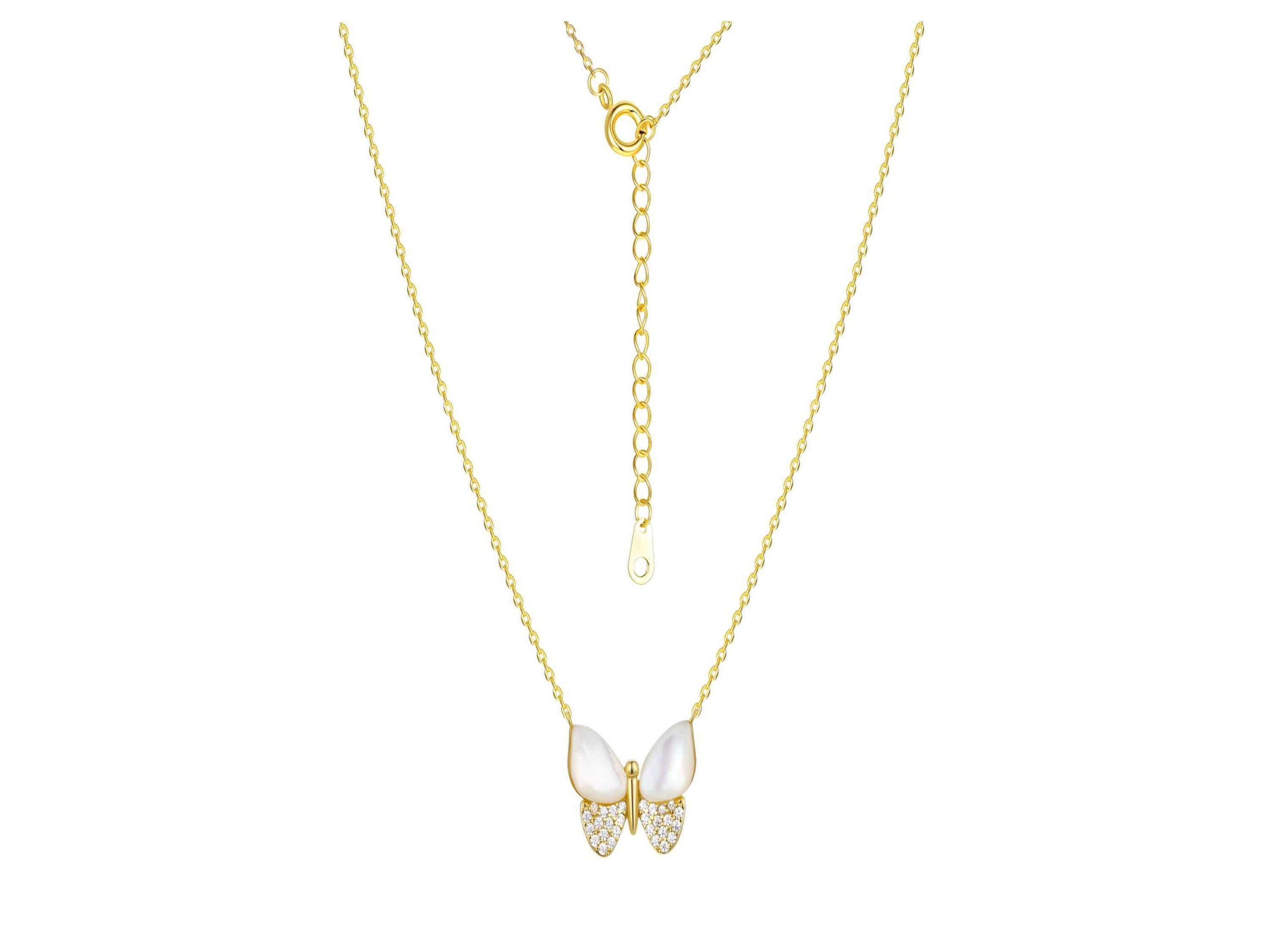 Mother of Pearl & Cubic Zirconia Butterfly Necklaces in 14KT Gold Flash Plated.