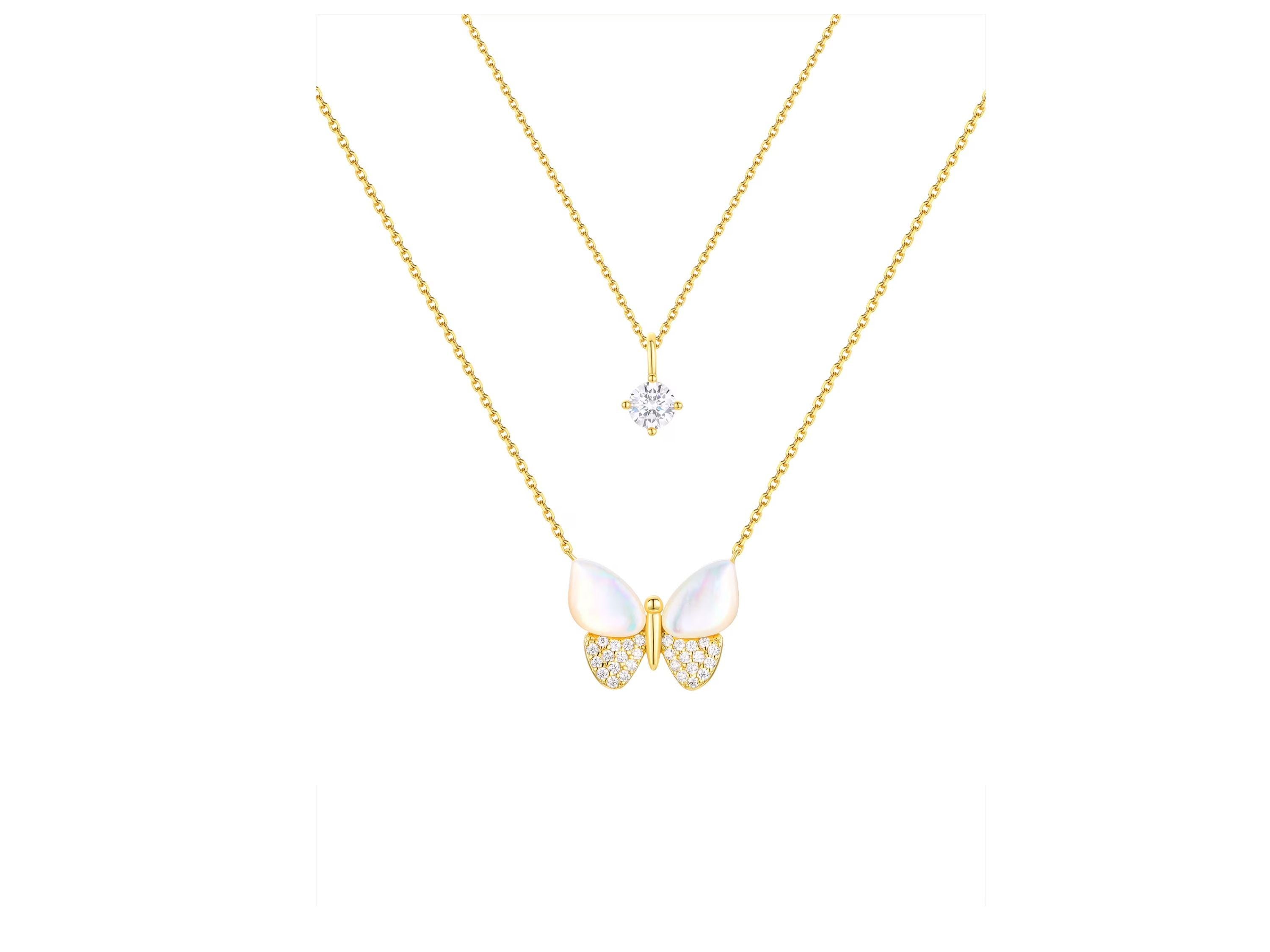 Mother of Pearl & Cubic Zirconia Butterfly Necklaces in 14KT Gold Flash Plated.