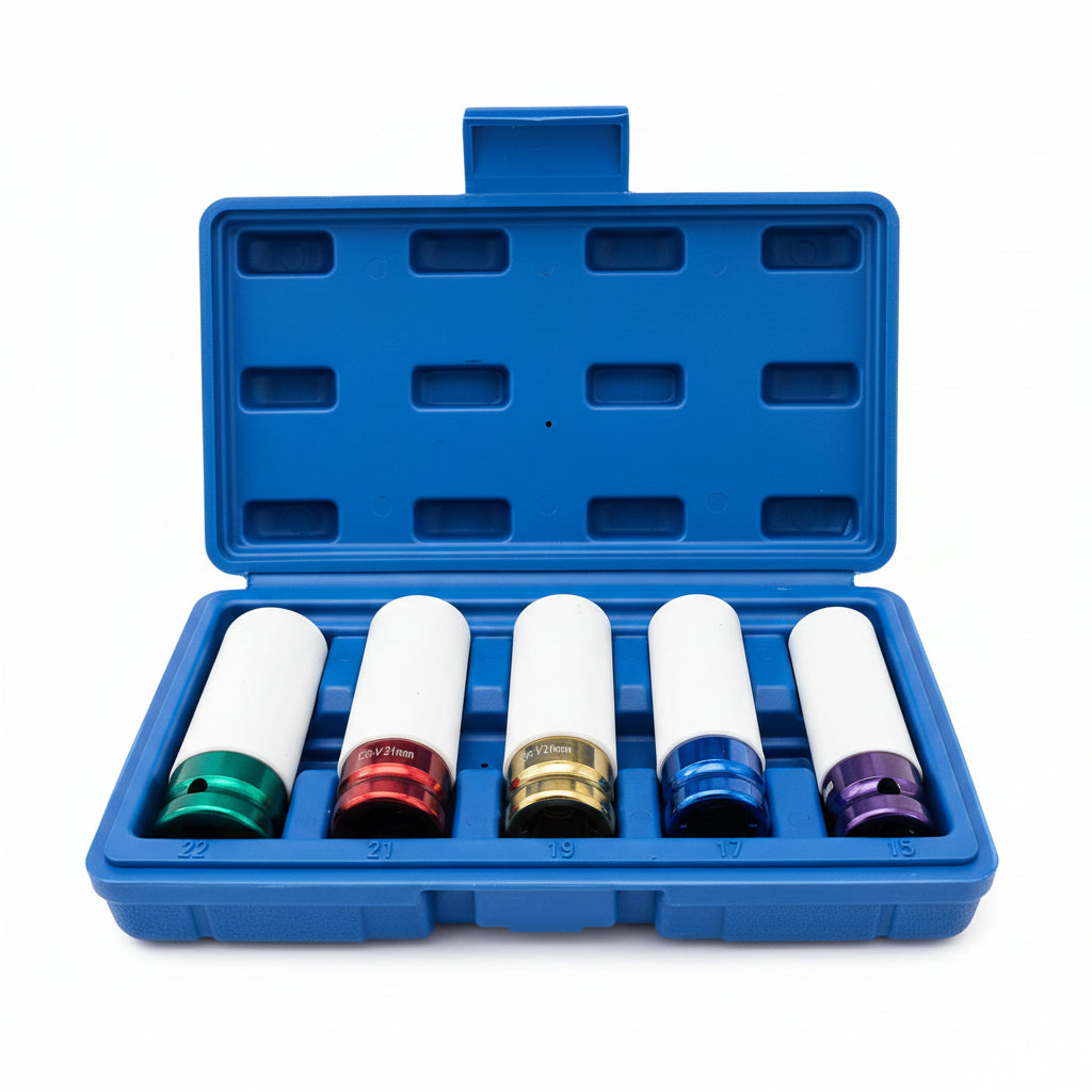 5-Piece Thin-Wall Lug Nut Socket Set, 1/2" Drive — Color-Coded for Alloy Wheels (15-22mm)