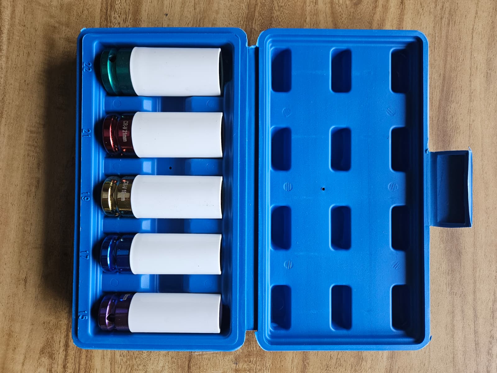 5-Piece Thin-Wall Lug Nut Socket Set, 1/2" Drive — Color-Coded for Alloy Wheels (15-22mm)