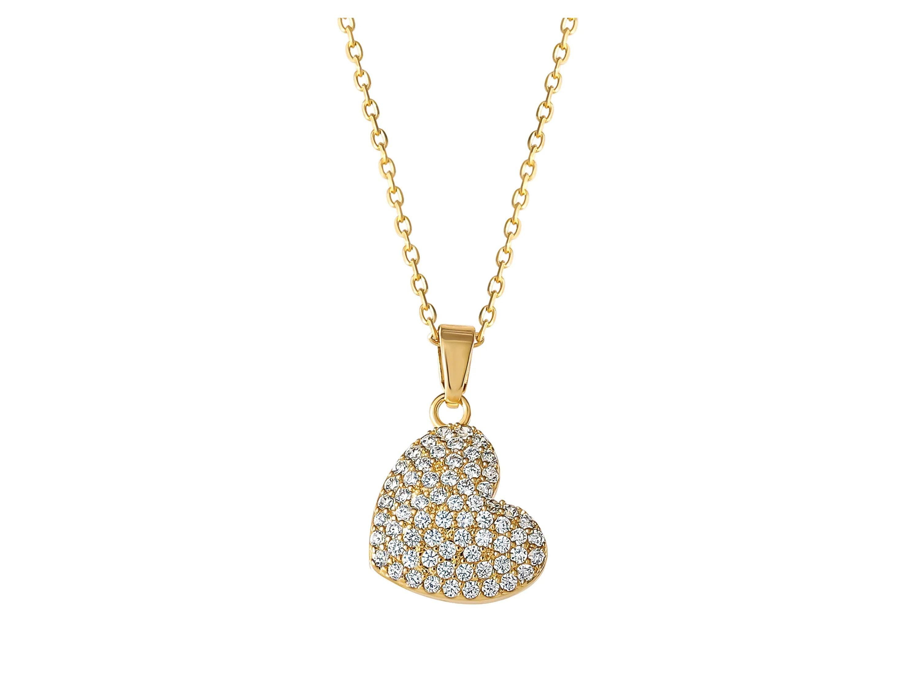 Women's 14kt Gold Flash Plated Cubic Zirconia Heart Earring and Pendant Set, 16" + 2"